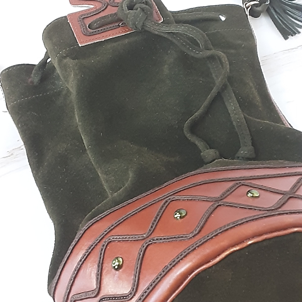 VTG YVES STAINT LAURANT ANJA Green Suede Caramel Leather Mini Bucket Bag - Picture 8 of 13